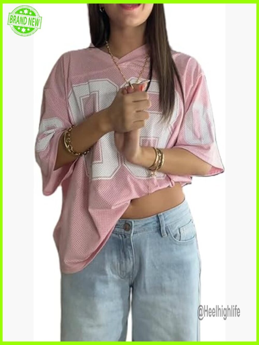 Oversized V-Neck Jersey Tee with Number Graphic, 90s Streetwear Style